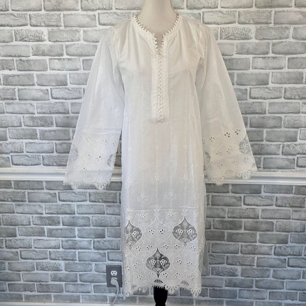 Image White Cotton Lace Tunic Medium Sheer Resort Wear Swim Cover Up Boho